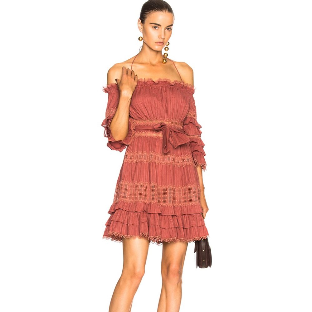 Zimmermann Ruffled Lace Mini Dress in Rust - Picture 2 of 8
